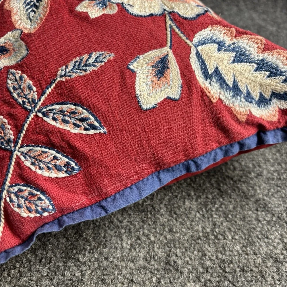 Pier 1 Embroidered Floral Lumbar Throw Pillow Botanical Red 18 x 12